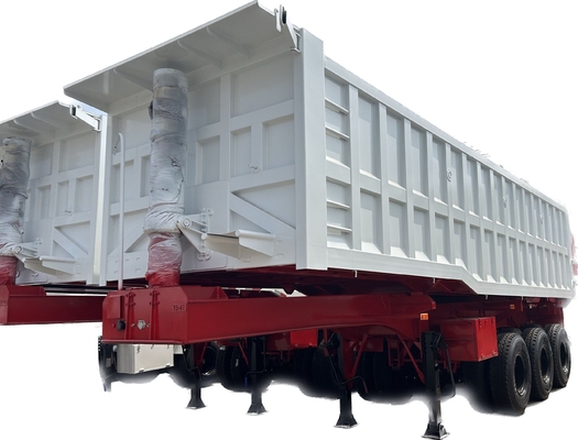 Le client a besoin d'un chariot de décharge à trois essieux en acier entraîné, un semi-remorque avec cylindre hydraulique